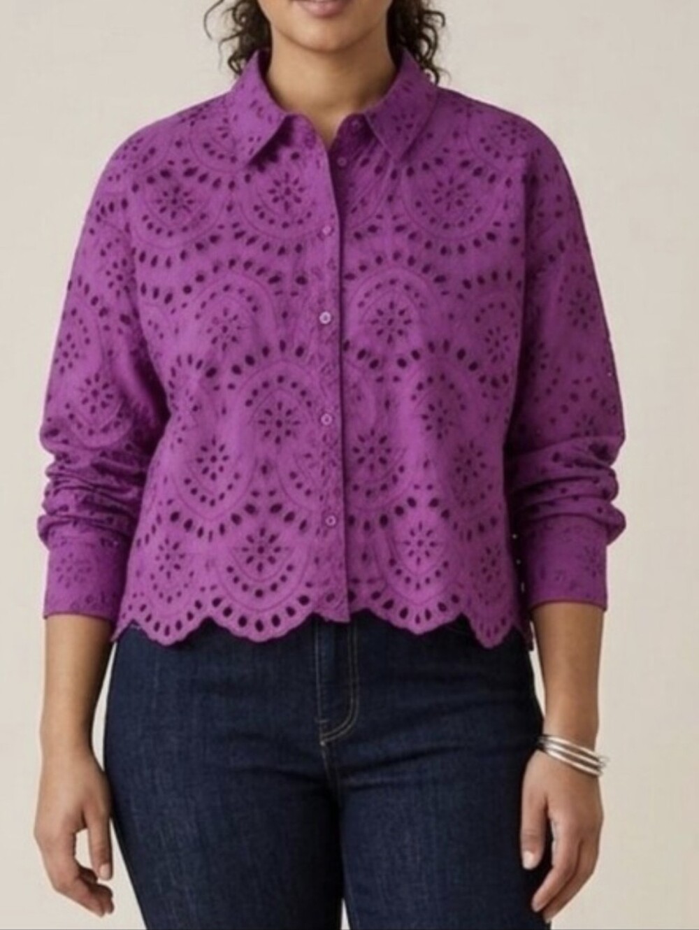 Oui Women's Purple EyeletButton-Down Shirt - Casual Collared Top